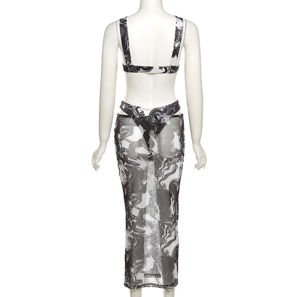 Fashion low-cut open back mesh see-through tank top skirt K21S03224