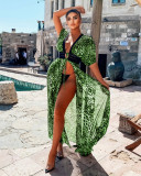 Chiffon Blouse Leopard Print Waist Hollow Lace Swimsuit Blouse Chiffon Long Skirt G0398
