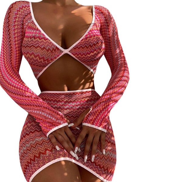 New women's see-through mesh printed T-shirt high waist bag hip skirt casual suit K21S03811