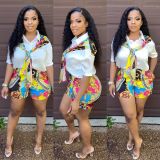 Ladies suit fashion stitching printed shirt shorts set G0390