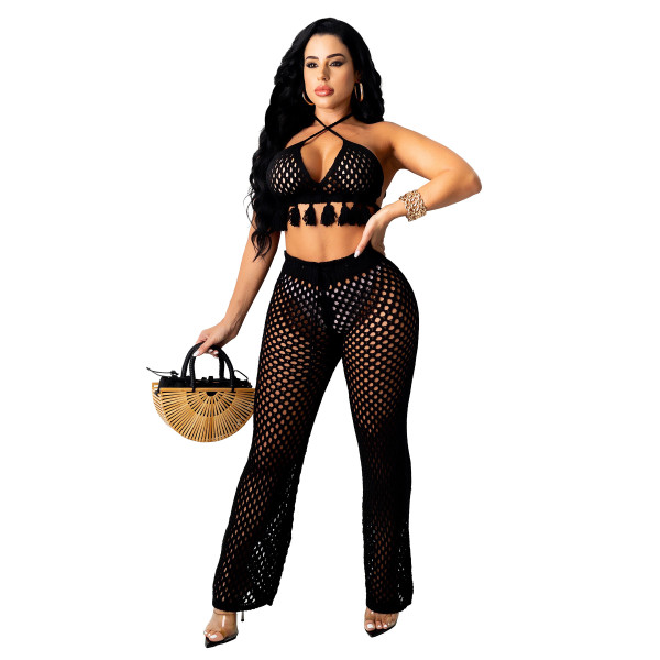 Sexy knitted mesh hollow woolen two-piece suit Z0113