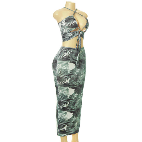 New leaf print halter neck strapless tube top long skirt suit A21ST402