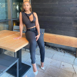 Round neck sleeveless hollow navel exposed fake two-piece vest T-shirt K21TP295