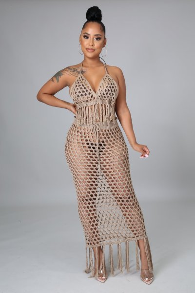 Sexy ladies knit suit hollow swimsuit beach blouse two-piece suit Z0109