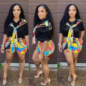 Ladies suit fashion stitching printed shirt shorts set G0390