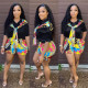 Ladies suit fashion stitching printed shirt shorts set G0390