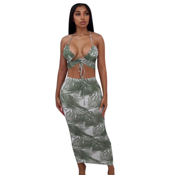 New leaf print halter neck strapless tube top long skirt suit A21ST402