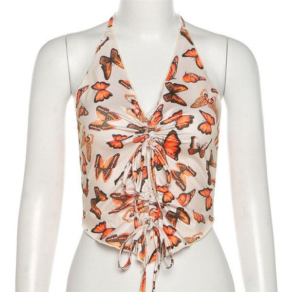 New women's halter halter sexy low-cut fashion print slim tank top K21B01462