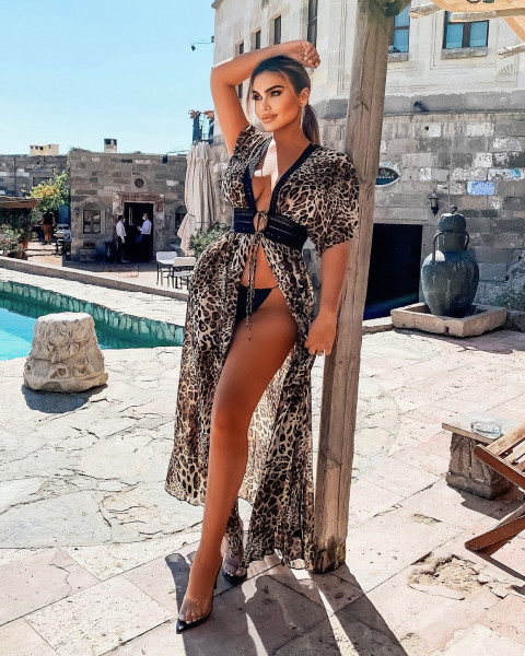 Chiffon Blouse Leopard Print Waist Hollow Lace Swimsuit Blouse Chiffon Long Skirt G0398