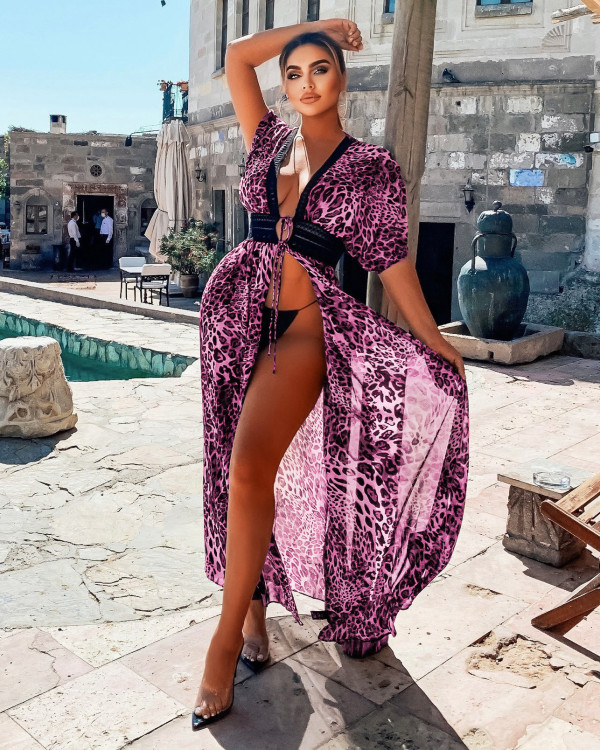 Chiffon Blouse Leopard Print Waist Hollow Lace Swimsuit Blouse Chiffon Long Skirt G0398