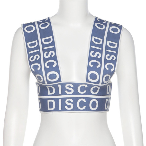 U-neck shoulder strap letter print fashion sexy low-cut small vest K21L01594
