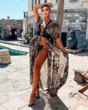 Chiffon Blouse Leopard Print Waist Hollow Lace Swimsuit Blouse Chiffon Long Skirt G0398
