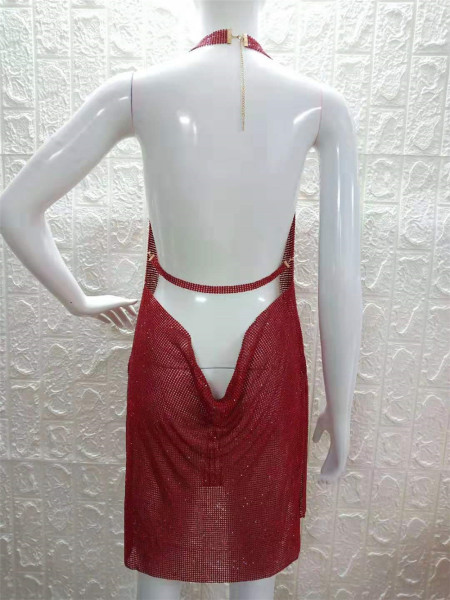 Nightclub Strap Metal Mini Red Diamond Dress YX718