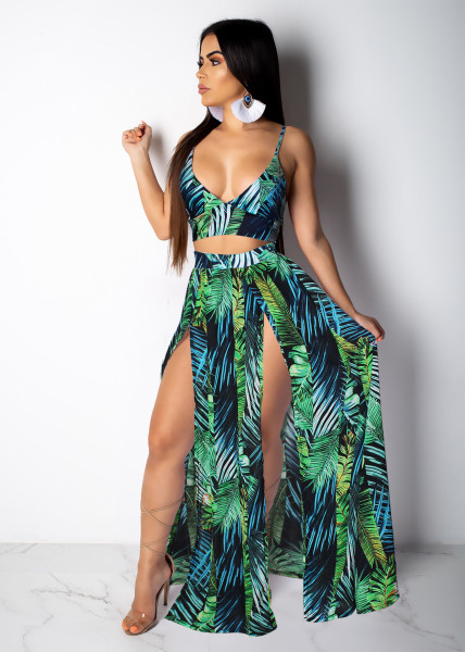 Sexy camisole printed big swing dress two-piece beach dress G0384