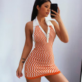 Polo collar contrast color open back wool knit wrap hip dress JY21202DG