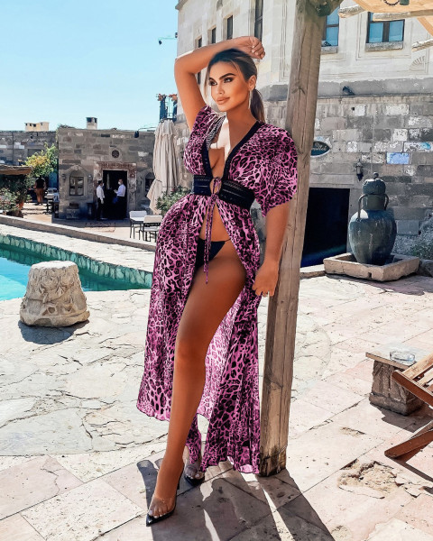 Chiffon Blouse Leopard Print Waist Hollow Lace Swimsuit Blouse Chiffon Long Skirt G0398