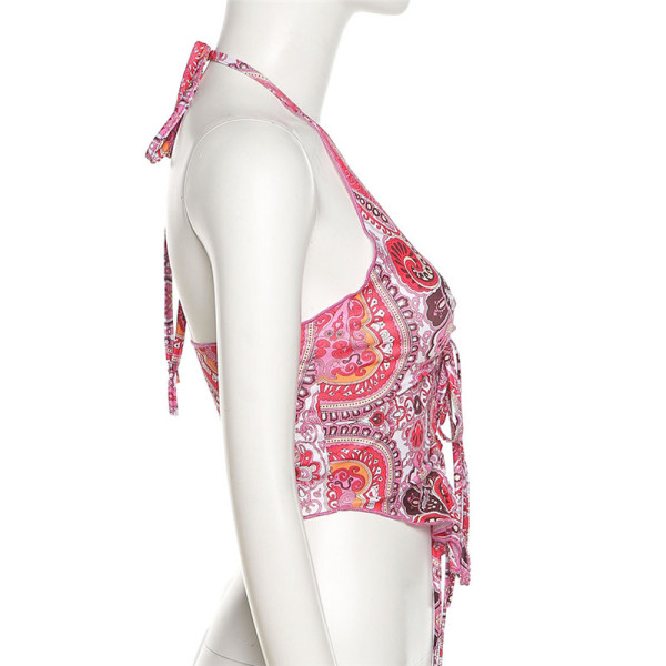 New women's halter halter sexy low-cut fashion print slim tank top K21B01462