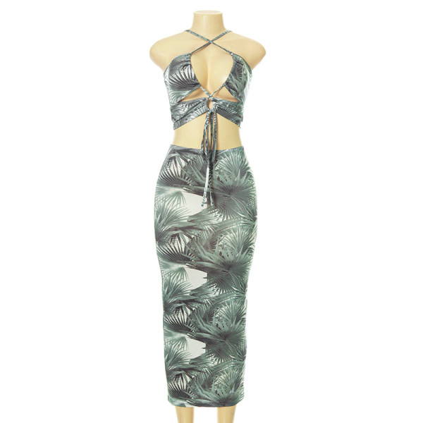 New leaf print halter neck strapless tube top long skirt suit A21ST402