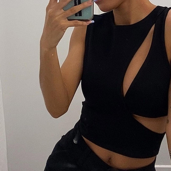 Round neck sleeveless hollow navel exposed fake two-piece vest T-shirt K21TP295