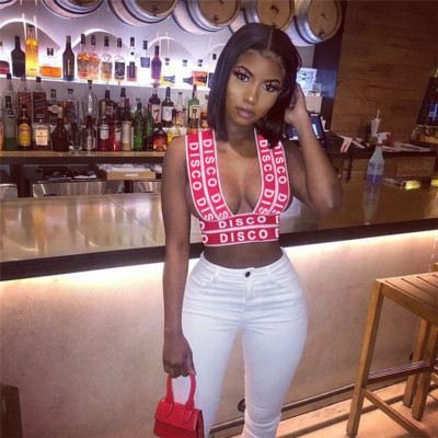 U-neck shoulder strap letter print fashion sexy low-cut small vest K21L01594