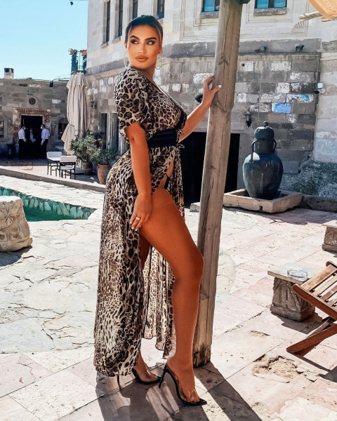 Chiffon Blouse Leopard Print Waist Hollow Lace Swimsuit Blouse Chiffon Long Skirt G0398