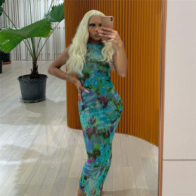 New style long skirt round neck sexy net gauze see-through wood ear slim dress K21D01690