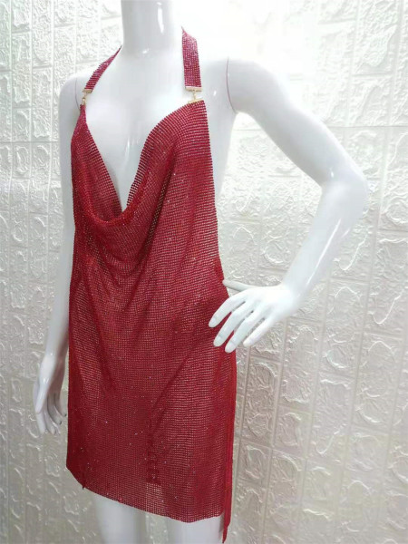 Nightclub Strap Metal Mini Red Diamond Dress YX718