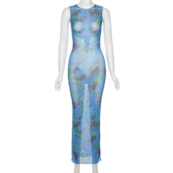 New style long skirt round neck sexy net gauze see-through wood ear slim dress K21D01690