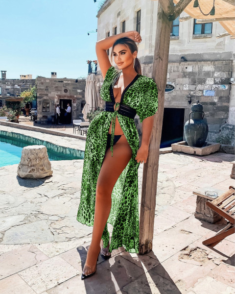 Chiffon Blouse Leopard Print Waist Hollow Lace Swimsuit Blouse Chiffon Long Skirt G0398