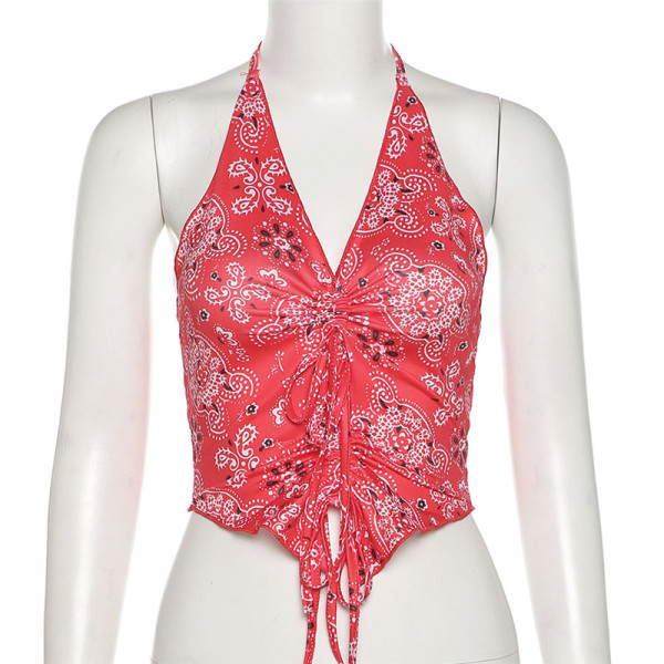 New women's halter halter sexy low-cut fashion print slim tank top K21B01462