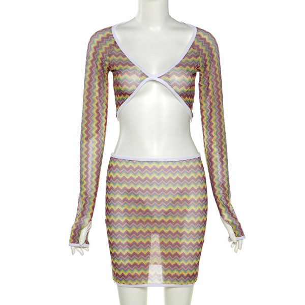 New women's see-through mesh printed T-shirt high waist bag hip skirt casual suit K21S03811