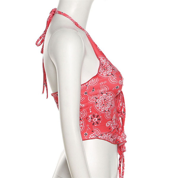 New women's halter halter sexy low-cut fashion print slim tank top K21B01462