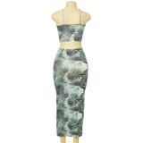 New leaf print halter neck strapless tube top long skirt suit A21ST402