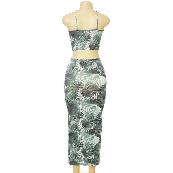 New leaf print halter neck strapless tube top long skirt suit A21ST402