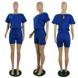 New solid color short-sleeved T-shirt shorts with pockets jumpsuit P8589