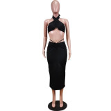 Fashion sexy solid color hollow wrap breast skirt suit WY6784