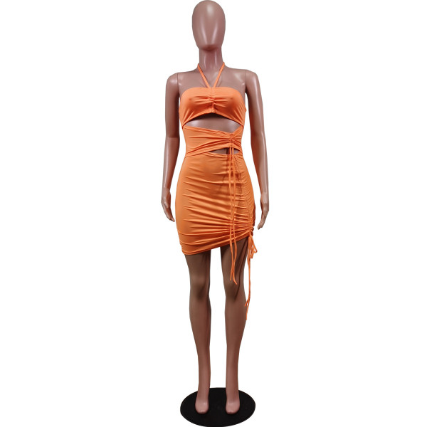 Fashion sexy wrapped chest piece with tie rope hanging neck bag hip dress short skirt WY6788
