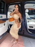 Fashion sexy solid color hollow wrap chest tie waist long skirt WY6774