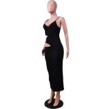 Fashion sexy solid color suspender hollow dress WY6797
