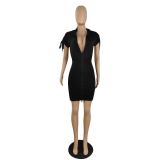 Fashion new casual solid color bandage hooded dress p8581
