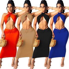 Fashion sexy solid color hollow wrap breast skirt suit WY6784