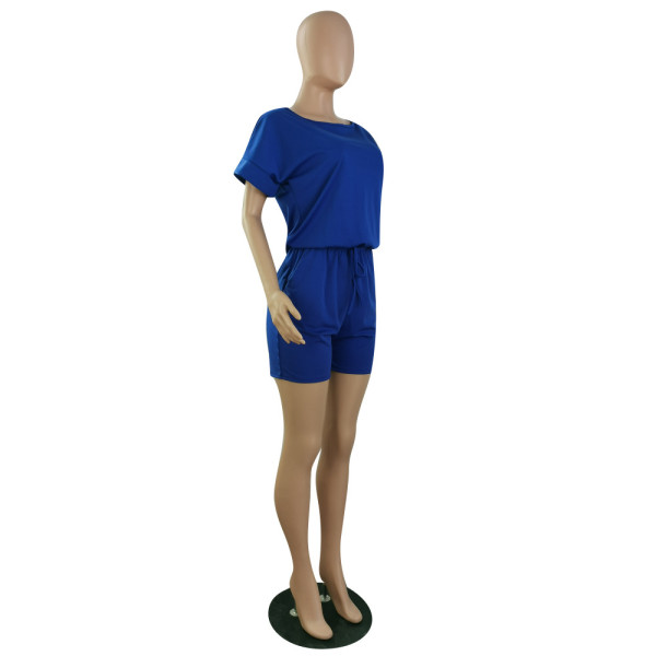 New solid color short-sleeved T-shirt shorts with pockets jumpsuit P8589