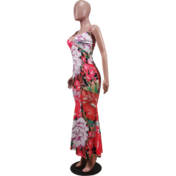 Fashion sexy mid-waist print suspender hip-length skirt dress WY6785