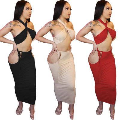 Fashion sexy solid color hollow wrap chest tie waist long skirt WY6774