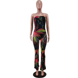 Fashion sexy wrap-chested mesh printed jumpsuit WY6782