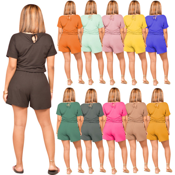 New solid color short-sleeved T-shirt shorts with pockets jumpsuit P8589