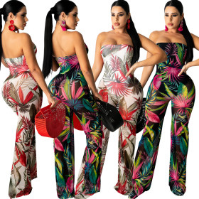 Fashion sexy wrap-chested mesh printed jumpsuit WY6782