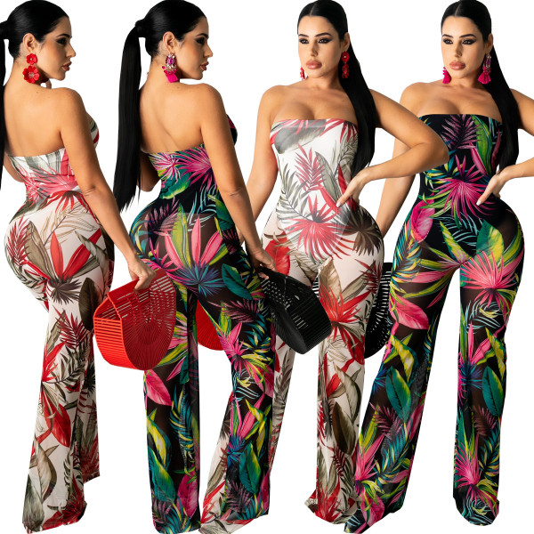 Fashion sexy wrap-chested mesh printed jumpsuit WY6782