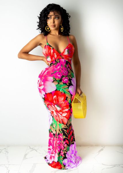 Fashion sexy mid-waist print suspender hip-length skirt dress WY6785