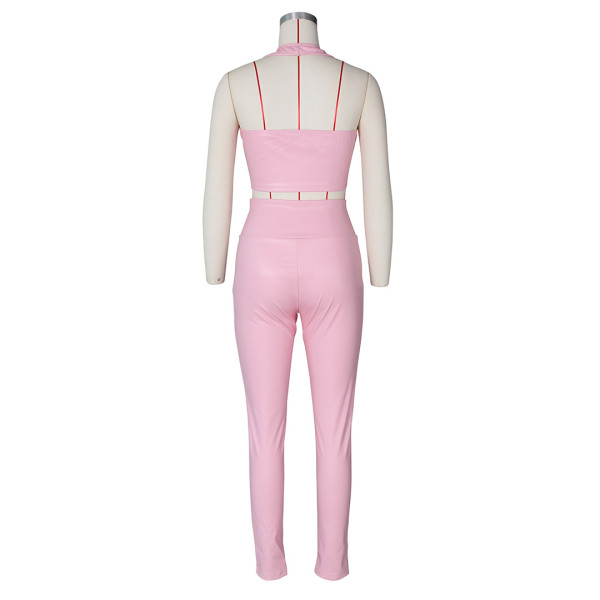 Sexy ladies suit PU leather pants zipper feet leather pants lace-up vest suit Y097
